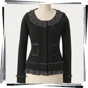 Vintage Black Merino Wool Jacket w Flat Satin Polka Dot Trim (XS) Sparrow